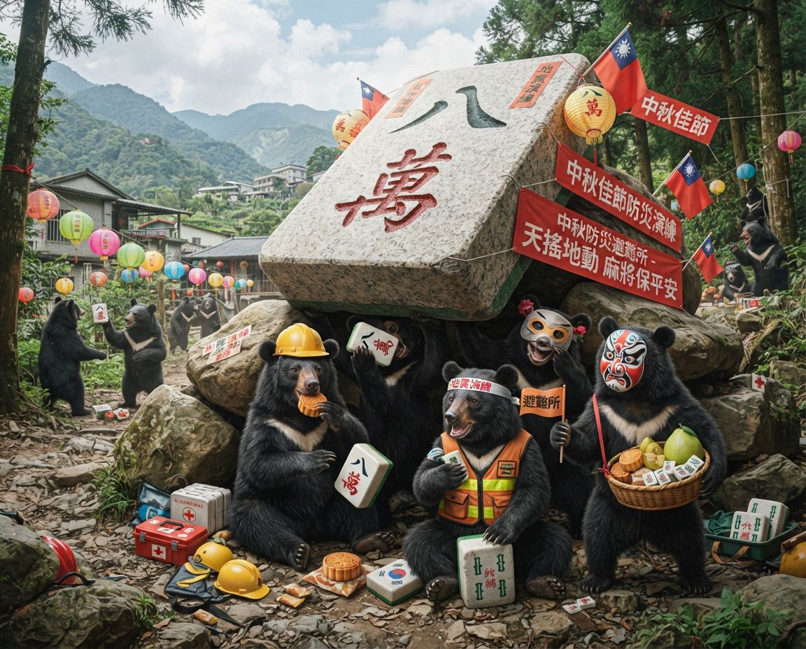 中秋節前夕台灣黑熊地震防災演練打麻將,台灣黑熊麻將激戰自摸發財,麻將戰局自摸九條,台灣黑熊緊急避難演練,台灣熊愛打麻將,台灣黑熊打麻將,碰牌胡牌大三元,中秋節前夕深夜大亂鬥,聽牌摸牌洗牌打麻將,台灣黑熊中秋熊掌碰碰胡